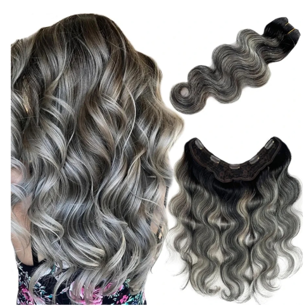 NWT Remy Human Hair one piece clip in extensions 20" black gray ombre